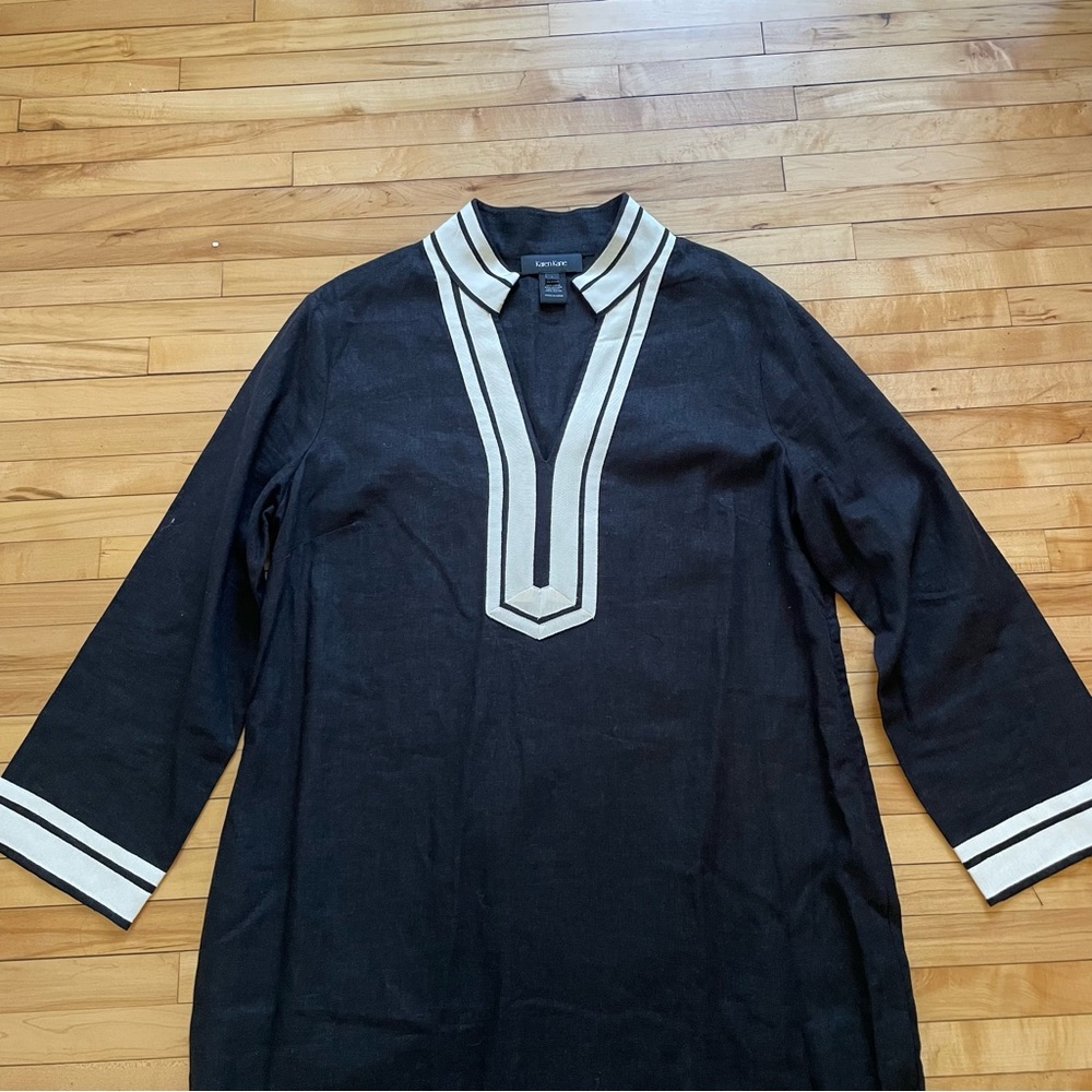 Karen Kane St. Tropez Midi black linen dress with white stripes LARGE - Picture 3 of 8